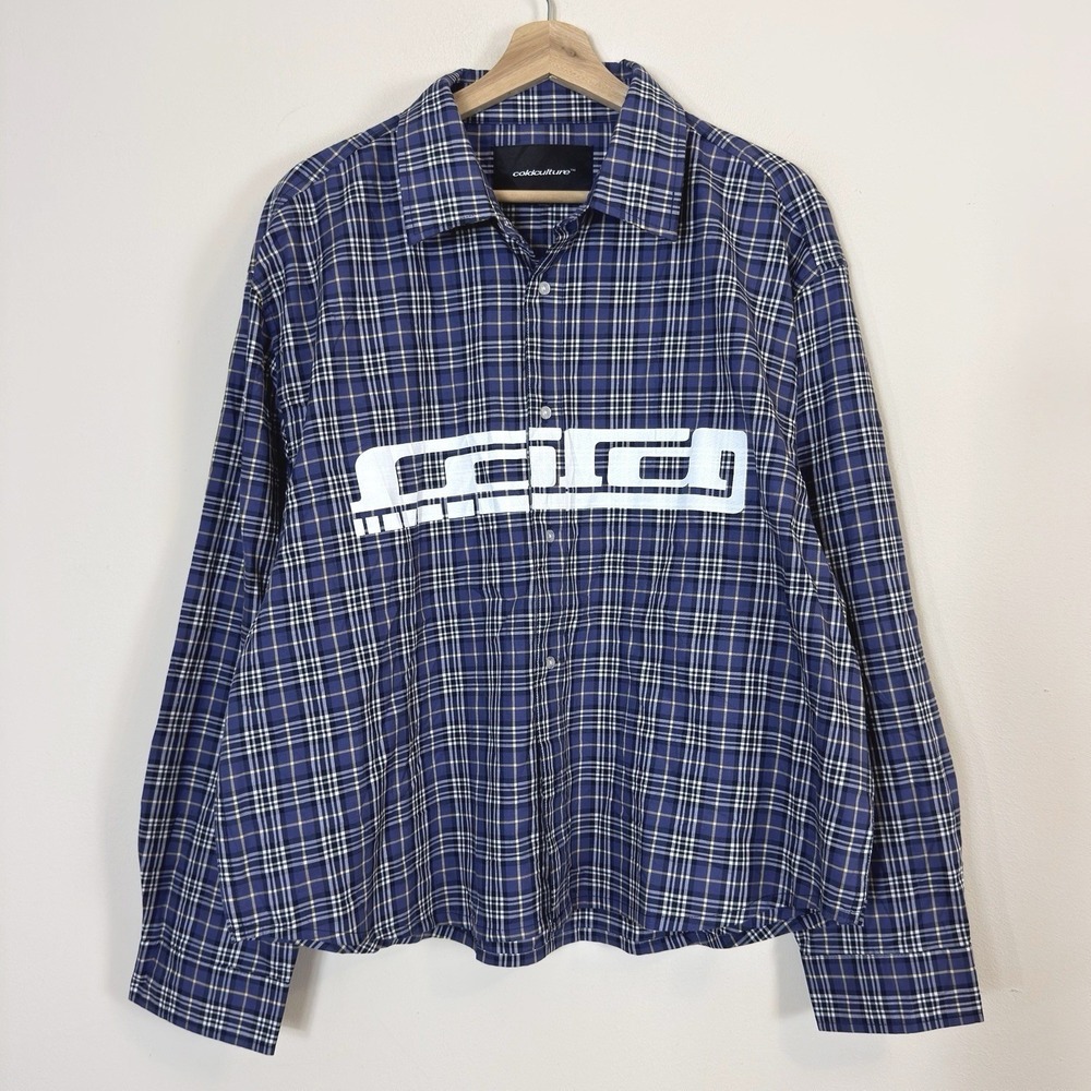 Cold Culture Streetwear Graphic Logo Button Up Plaid Collared Tee Shirt - Large